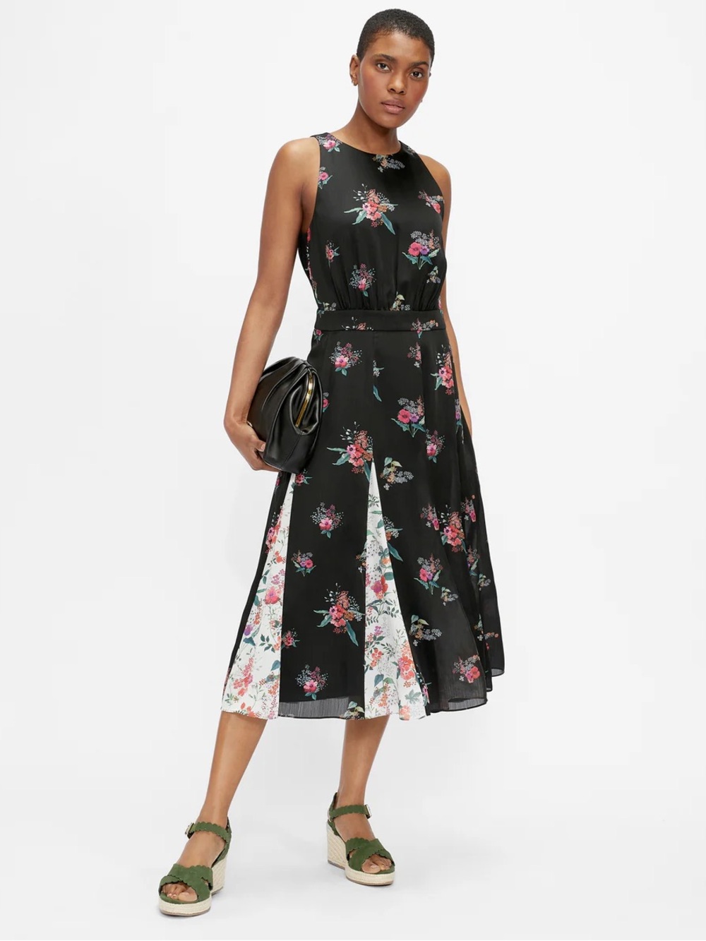 NWT Ted Baker Black Floral Midi Dress with White Floral Panels Sz 2